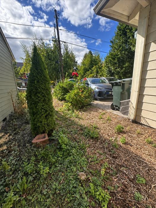 Before — The side yard before we started — and the finished block wall, walked end to end